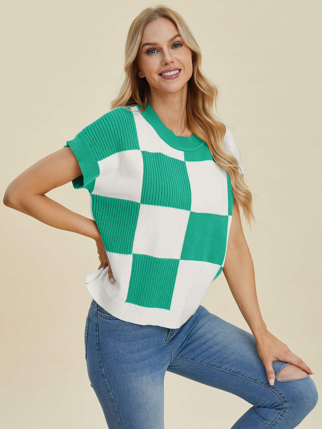 Double Take Full Size Checkered Round Neck Short Sleeve Sweater - ClassiQ