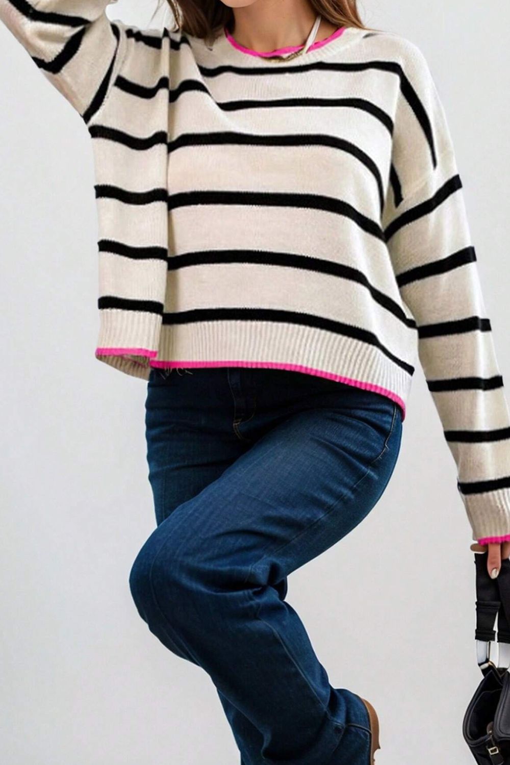 Striped Round Neck Drop Shoulder Sweater - Classique Collection