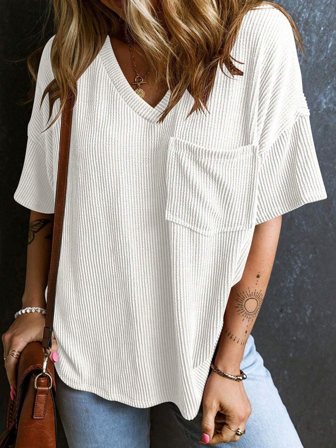 Textured V-Neck Half Sleeve T-Shirt - Classique Collection