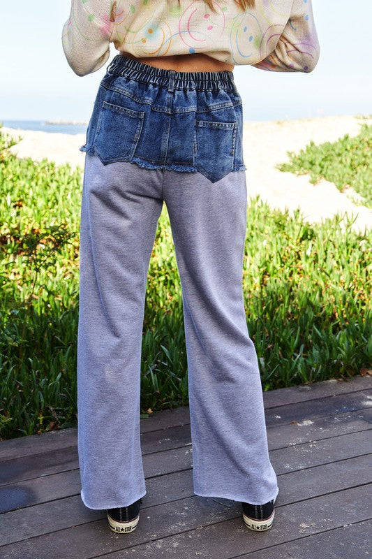 Davi & Dani Raw Hem Denim Patchwork Wide Leg Pants - Classique Collection
