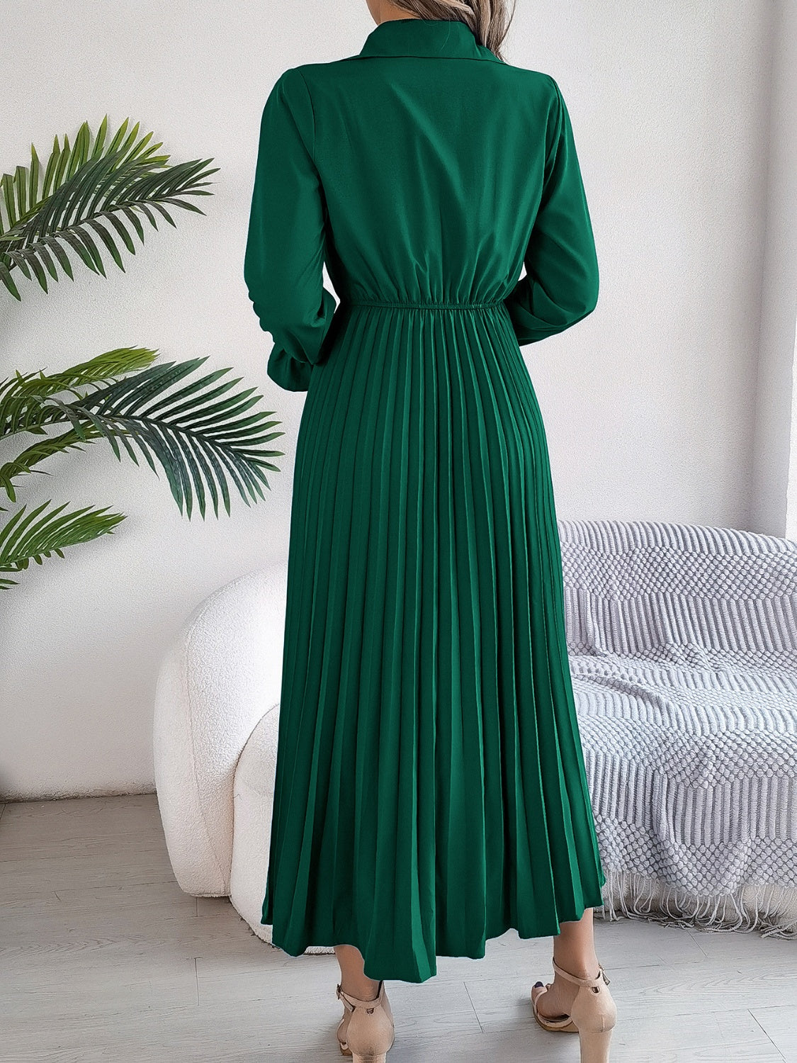 Pleated Half Button Long Sleeve Midi Dress - Classique Collection