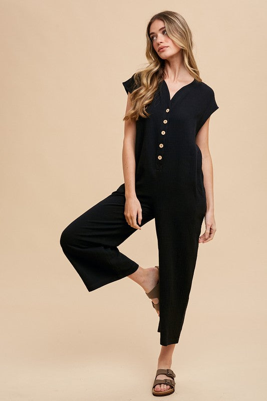 Annie Wear Button Detail Wide Leg Jumpsuit with Pockets - ClassiQ