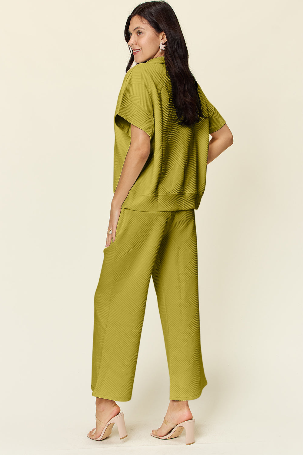 Double Take Full Size Texture Half Zip Short Sleeve Top and Pants Set - ClassiQ