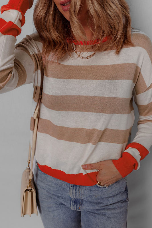 Contrast Striped Round Neck Drop Shoulder Knit Top - Classique Collection