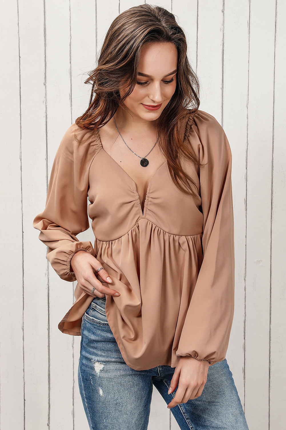 Tie Back Smocked Long Sleeve Babydoll Blouse - Classique Collection