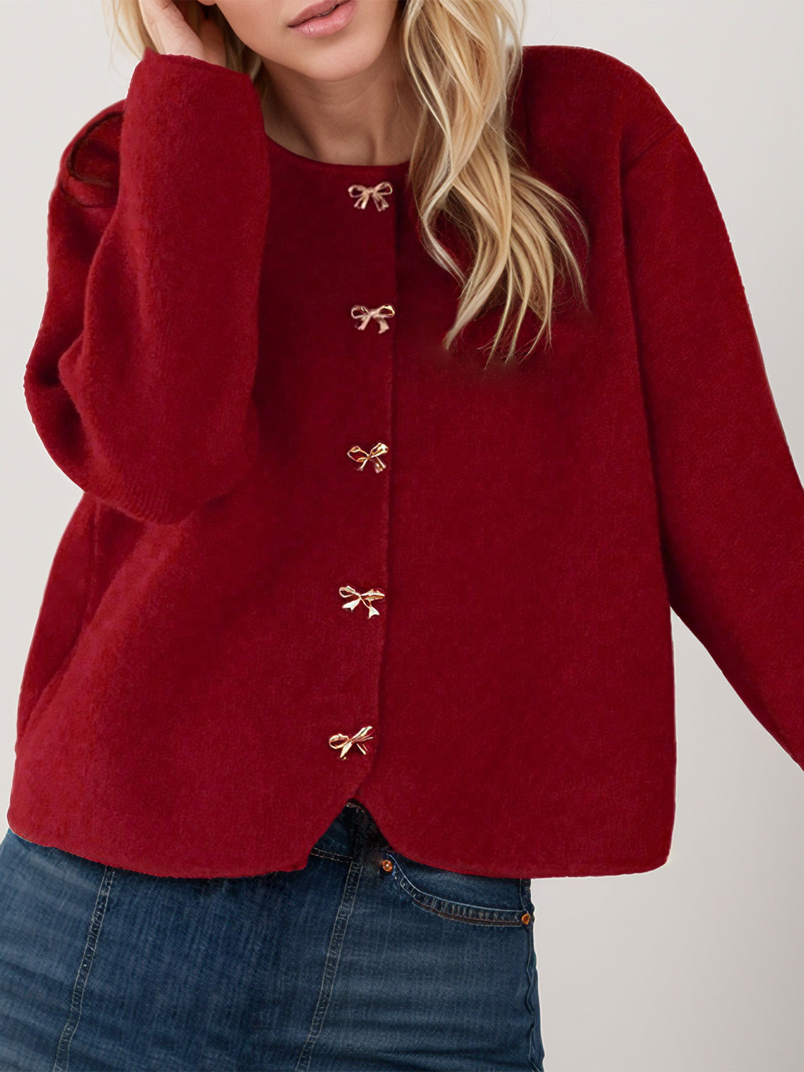 Bow Button Down Round Neck Long Sleeve Cardigan - Classique Collection