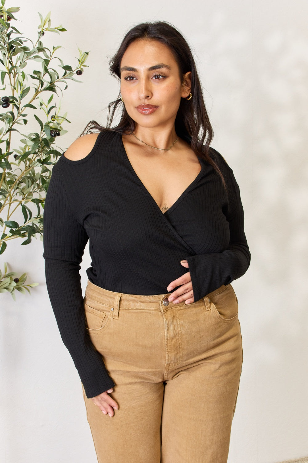 Culture Code Full Size Ribbed Surplice Cold Shoulder Top - Classique Collection