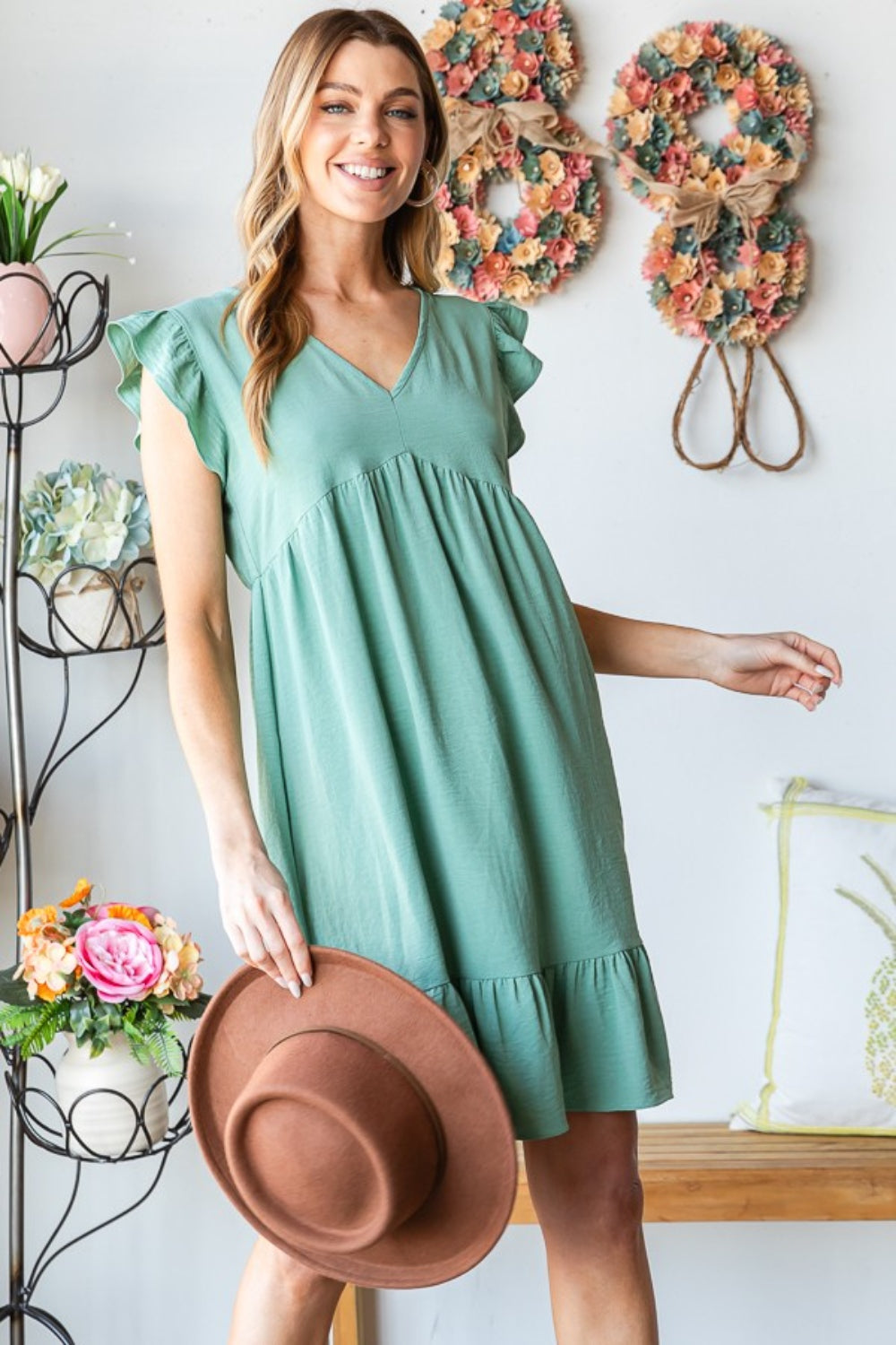 Heimish Full Size Short Sleeve V Neck Ruffled Hem Dress - Classique Collection
