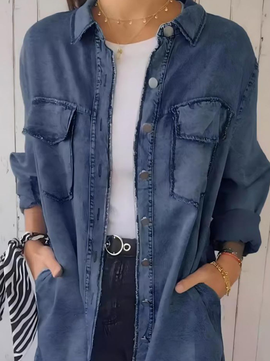 Full Size Raw Hem Button Up Long Sleeve Denim Top Plus Size - Classique Collection
