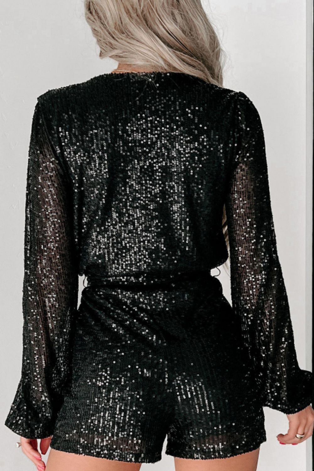 Sequin Surplice Long Sleeve Romper - ClassiQ