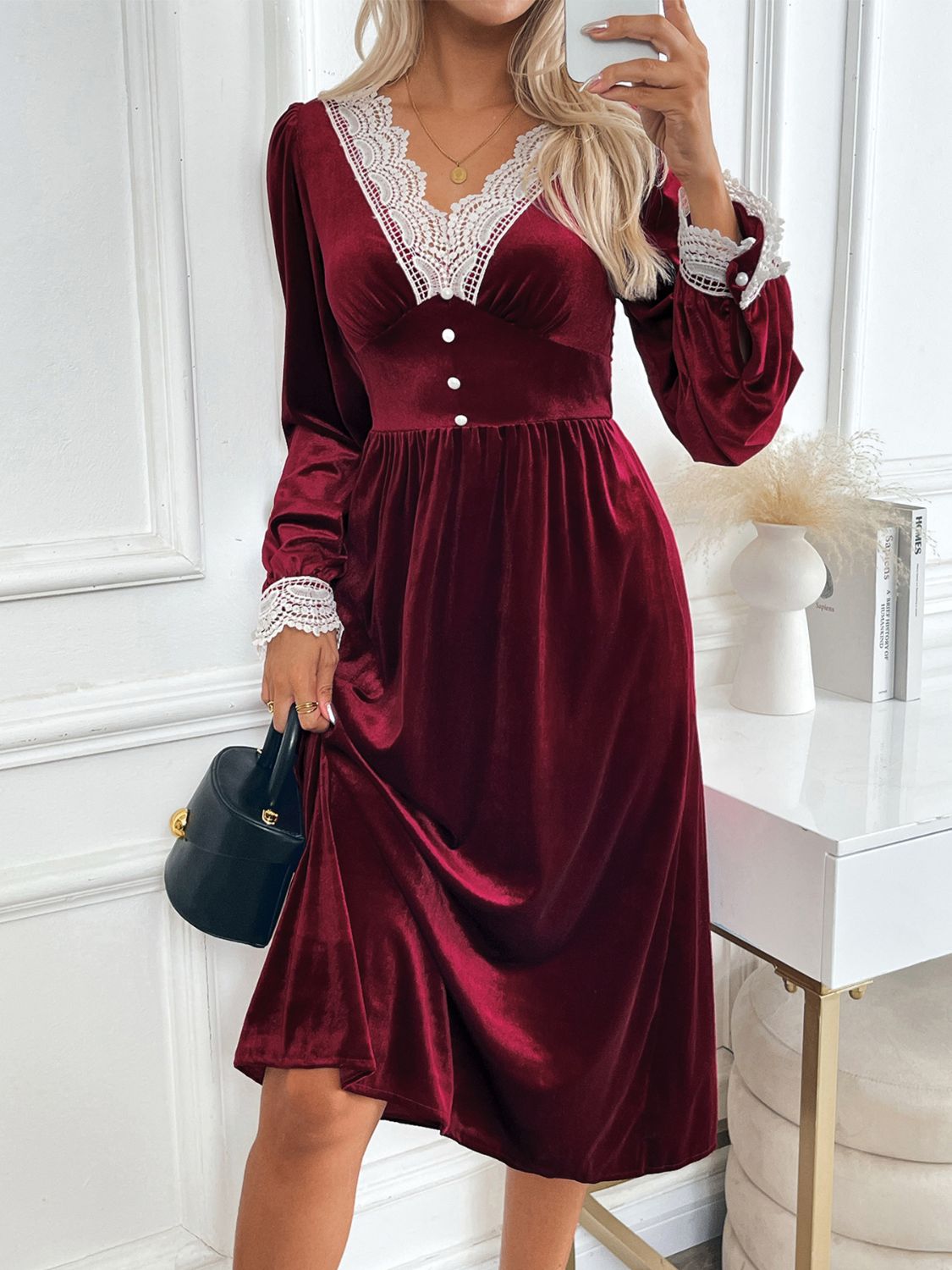 Perfee Lace Detail V-Neck Long Sleeve Midi Dress - Classique Collection