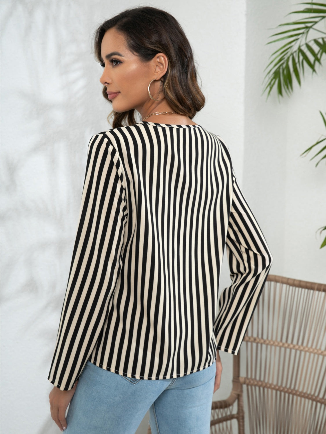 Striped Long Sleeve Notched Blouse - ClassiQ