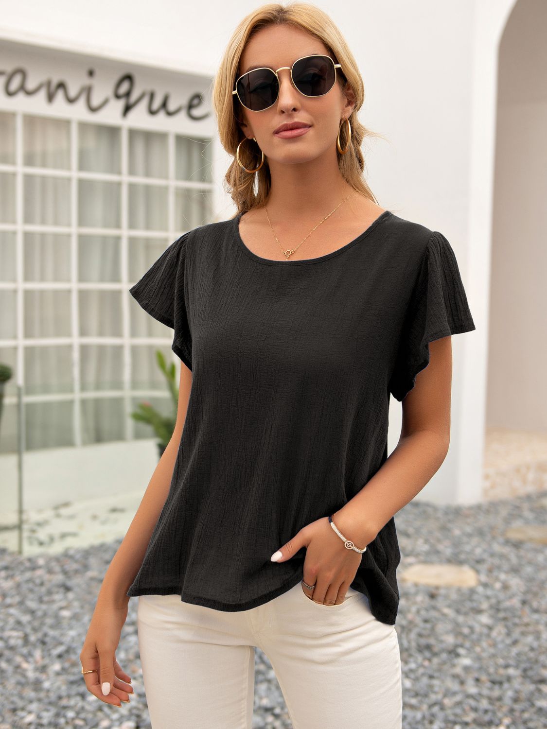 Ivy Lane Round Neck Cutout Tie Back Top - Classique Collection