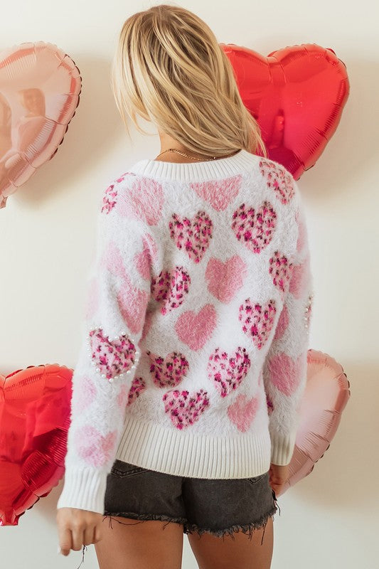 Pink Heart Leopard Print Pearled Sweater - Classique Collection