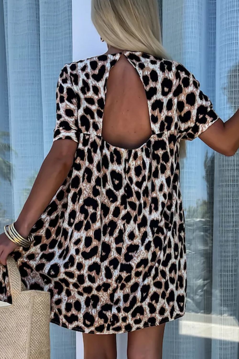 Cutout Back Leopard V-Neck Short Sleeve Mini Dress - Classique Collection