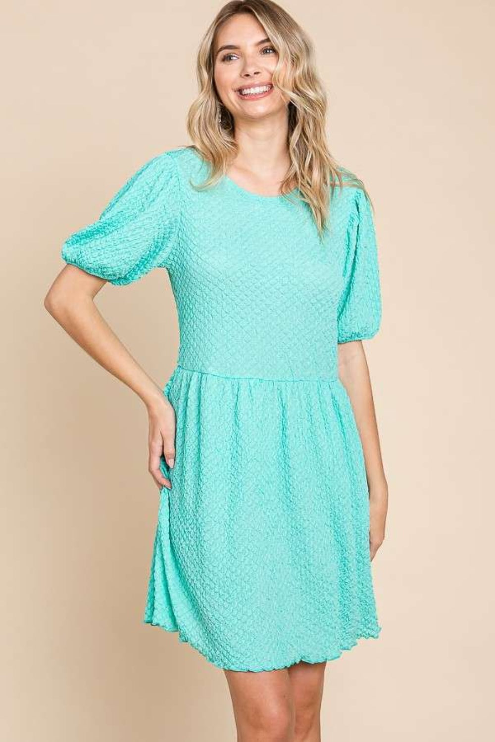 Culture Code Full Size Textured Round Neck Puff Sleeve Dress - Classique Collection