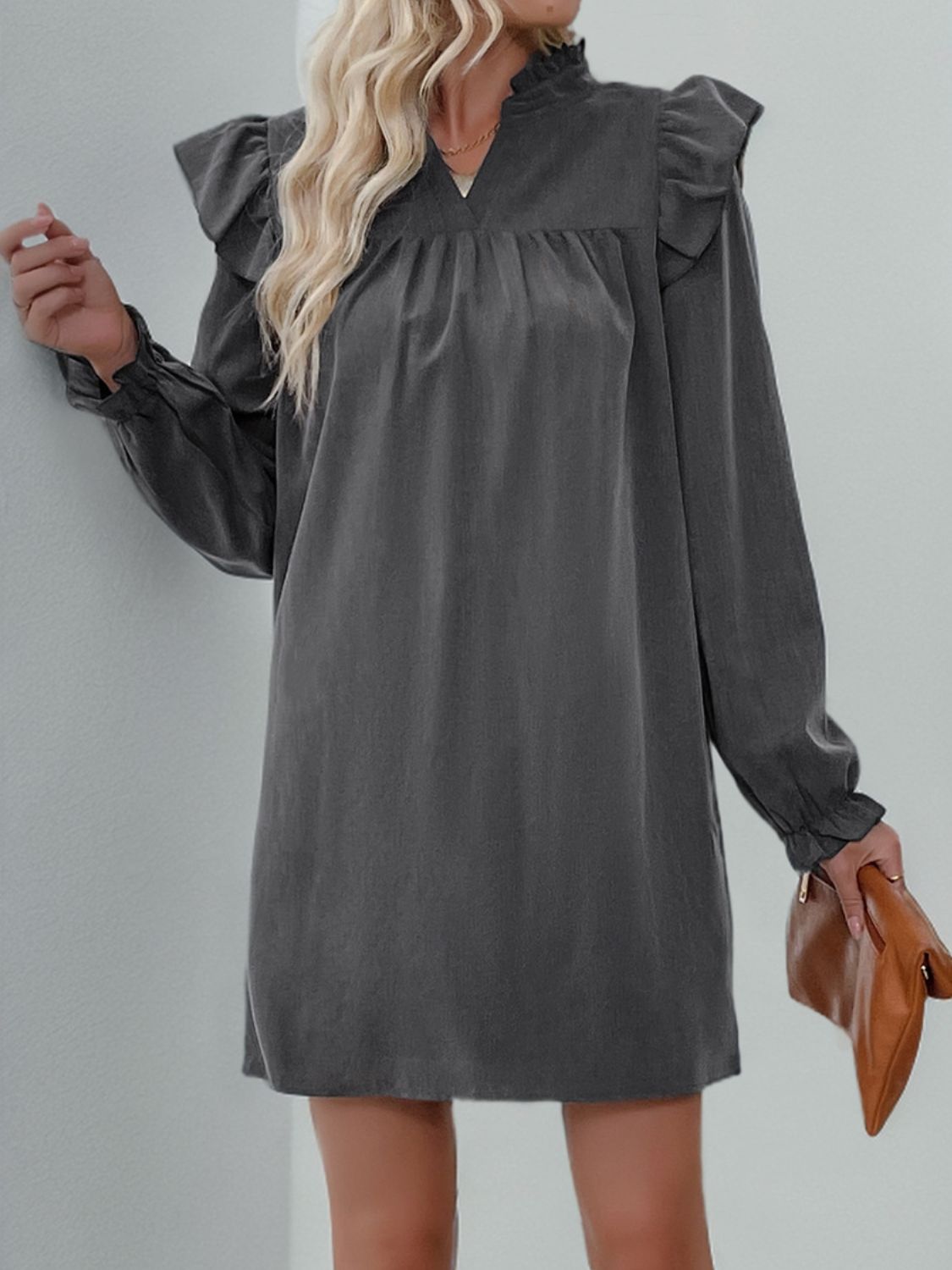 Perfee Ruffled Notched Long Sleeve Mini Dress - Classique Collection