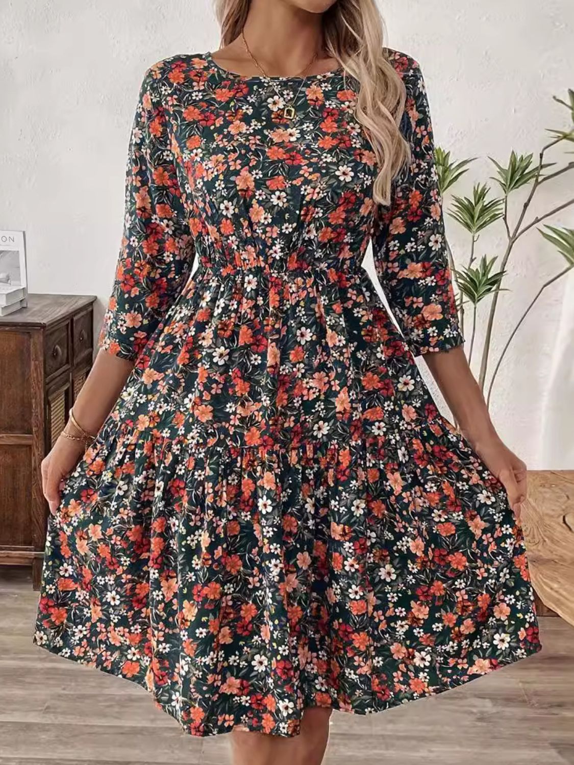 Frill Floral Round Neck Dress - Classique Collection