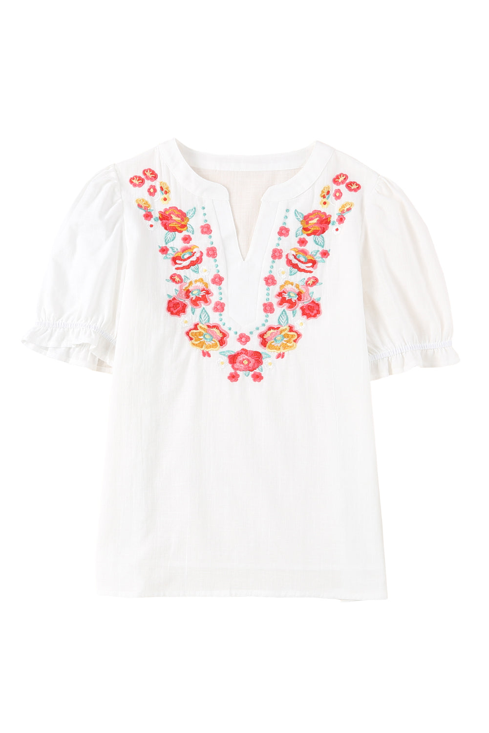 Embroidered Notched Neck Flounce Sleeve Top - Classique Collection