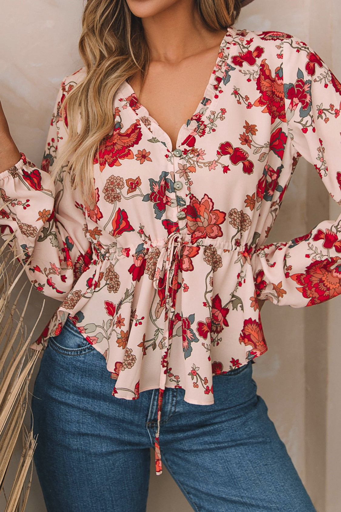 Floral V-Neck Drawstring Peplum Blouse - Classique Collection