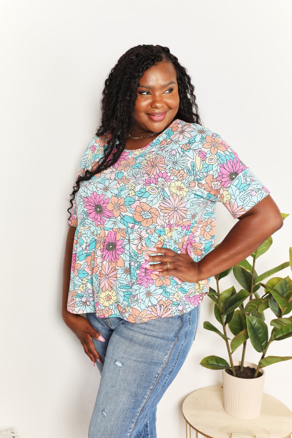 Double Take Floral Round Neck Babydoll Top - Classique Collection