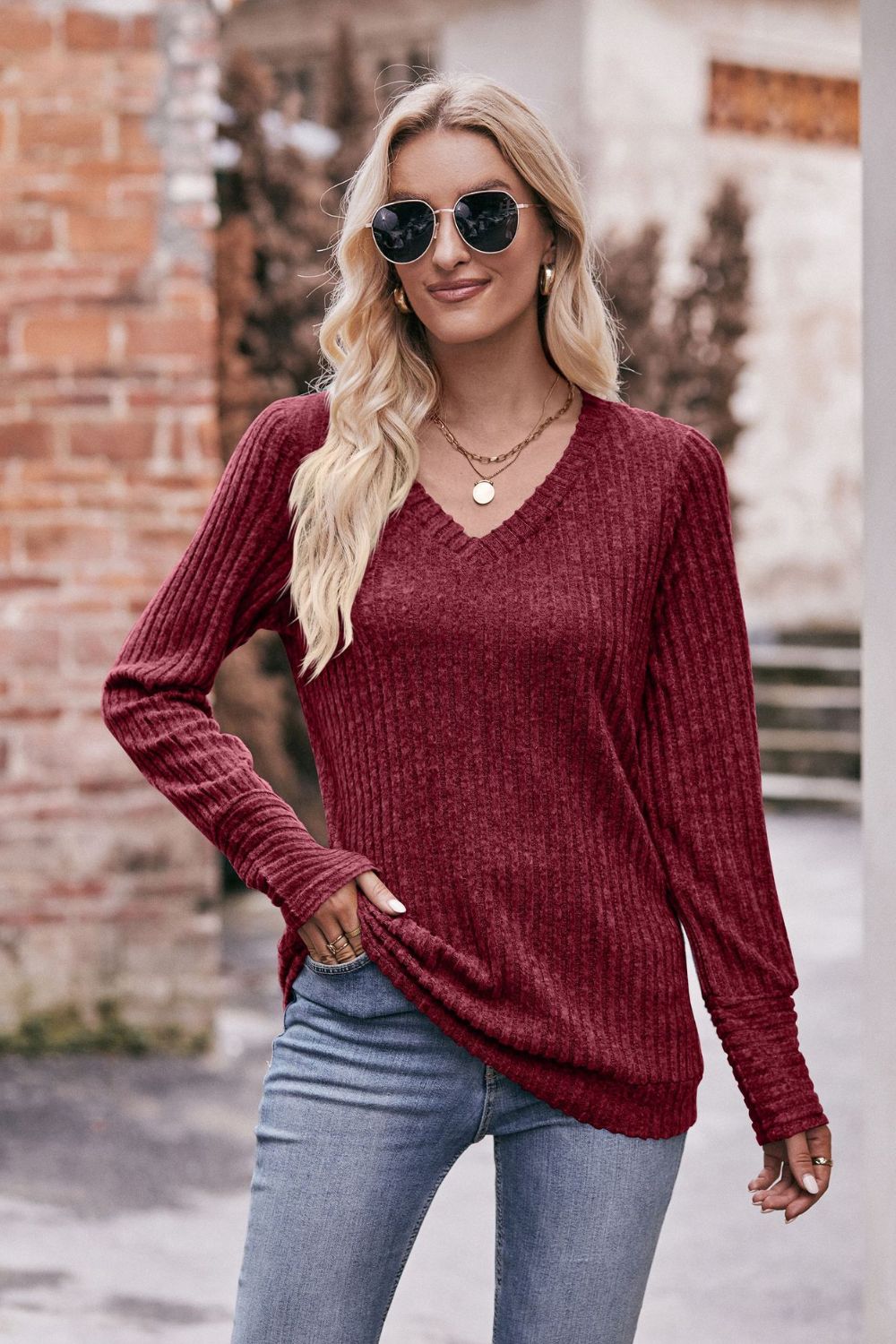 Mandy V-Neck Long Sleeve Ribbed Top - Classique Collection