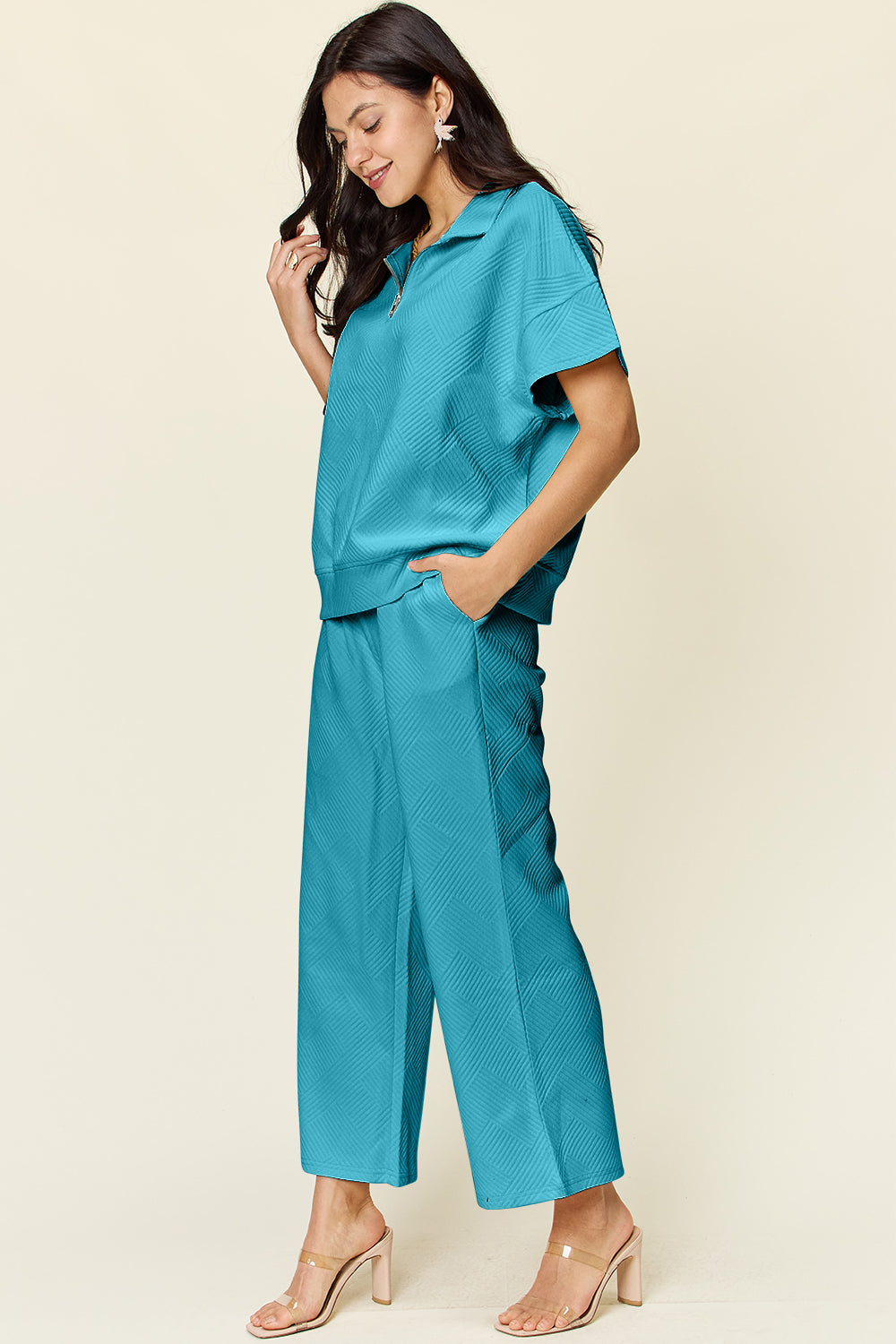 Double Take Full Size Texture Half Zip Short Sleeve Top and Pants Set - ClassiQ