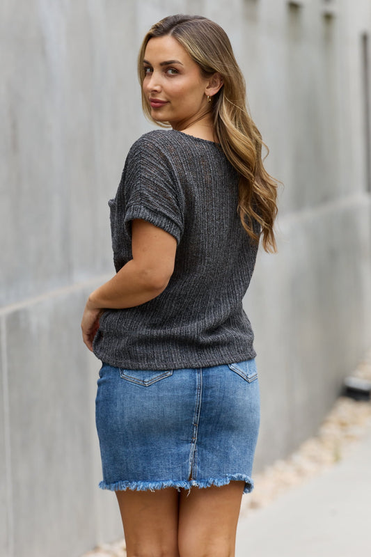 e.Luna Full Size Chunky Knit Short Sleeve Top in Gray - Classique Collection