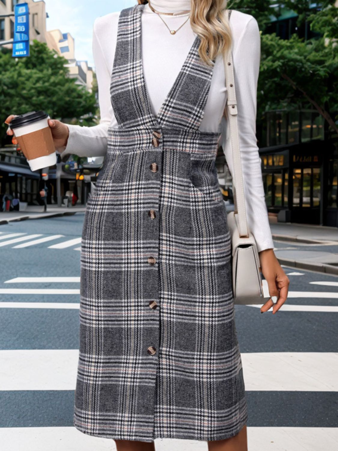 Perfee Pocketed Plaid Overall Dress - Classique Collection