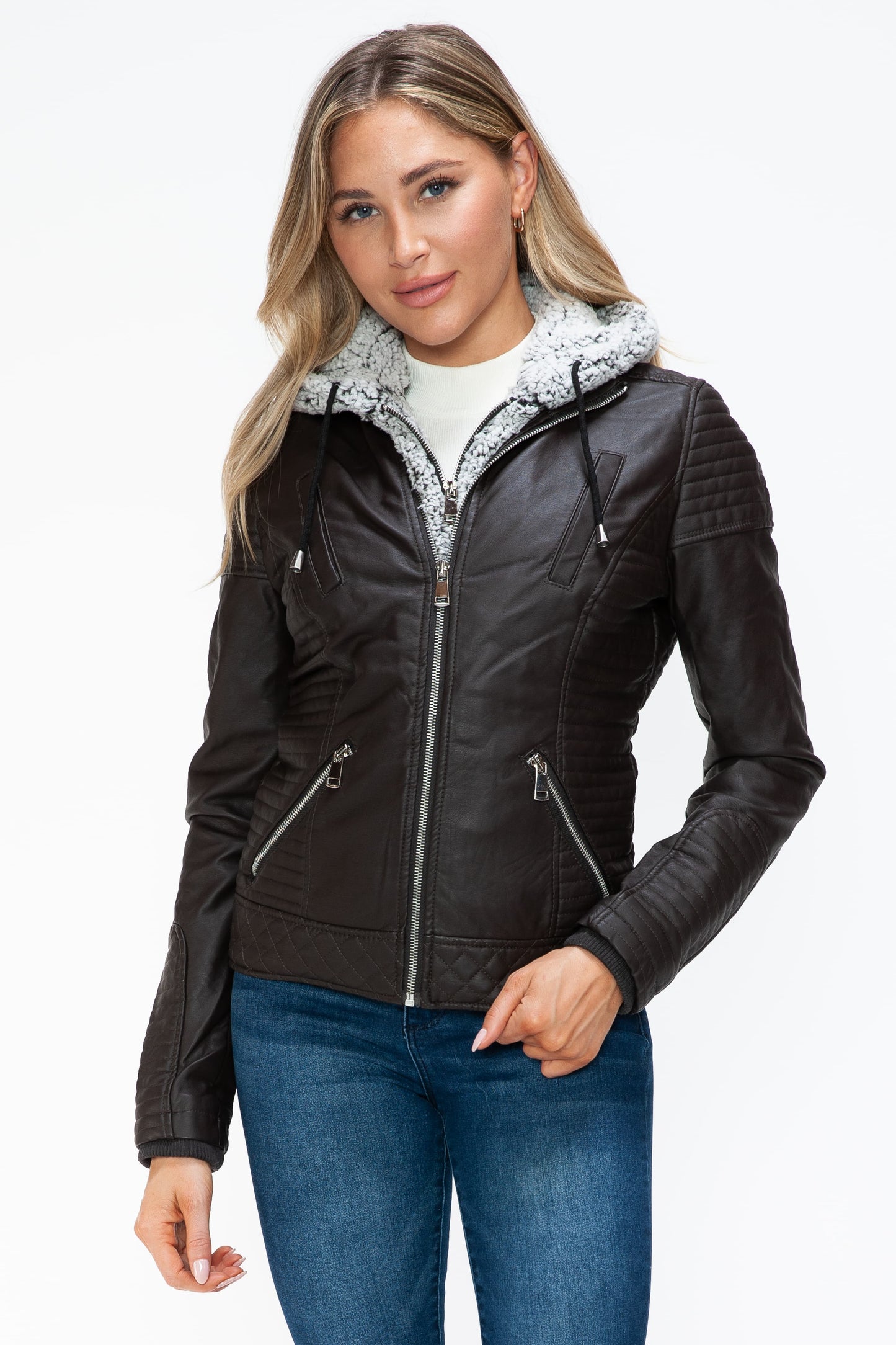 YMI Faux Layered Double-Zipper Jacket with Fuzzy Hood - ClassiQ