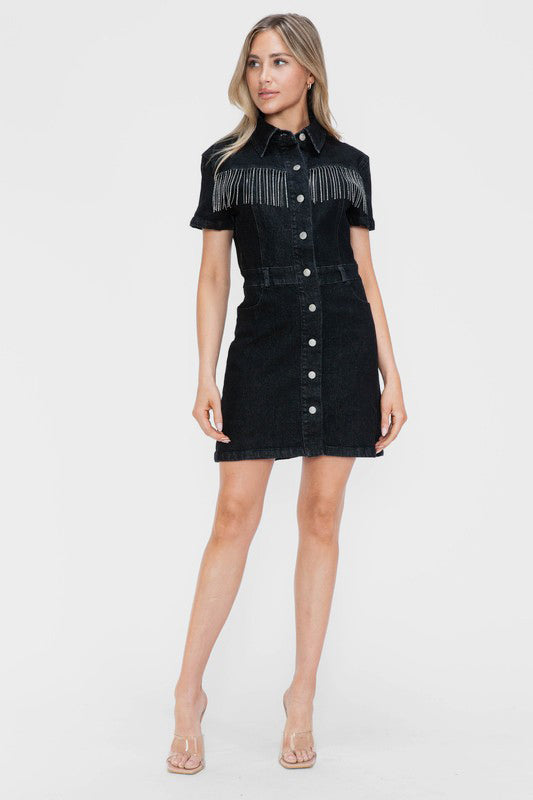 bytos Full Size Embellished Button Down Short Sleeve Denim Dress - Classique Collection