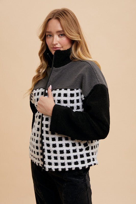 Annie Wear Plaid Zip Up Drop Shoulder Sherpa Jacket - ClassiQ