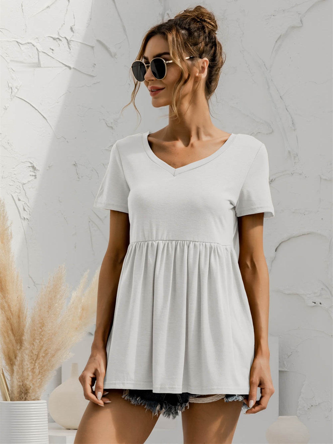 V-Neck Short Sleeve Babydoll Top - Classique Collection