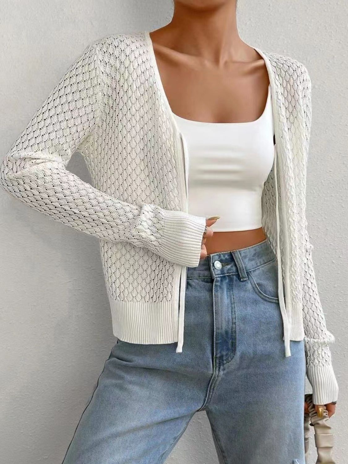 Tied Openwork V-Neck Long Sleeve Cardigan - ClassiQ