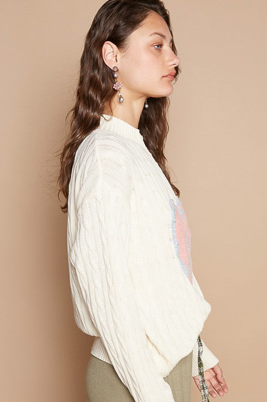 POL Cable-Knit Peace Patch Dropped Shoulder Sweater - Classique Collection