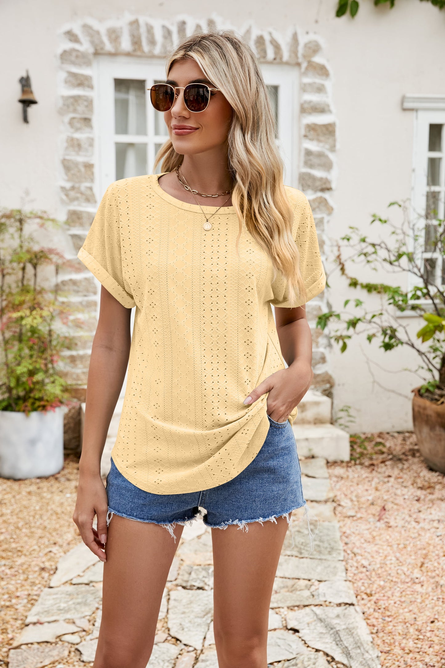 Full Size Round Neck Eyelet Short Sleeve Top - Classique Collection