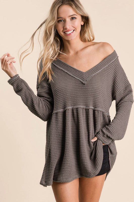 BiBi Waffle Knit V-Neck Babydoll Blouse - Classique Collection