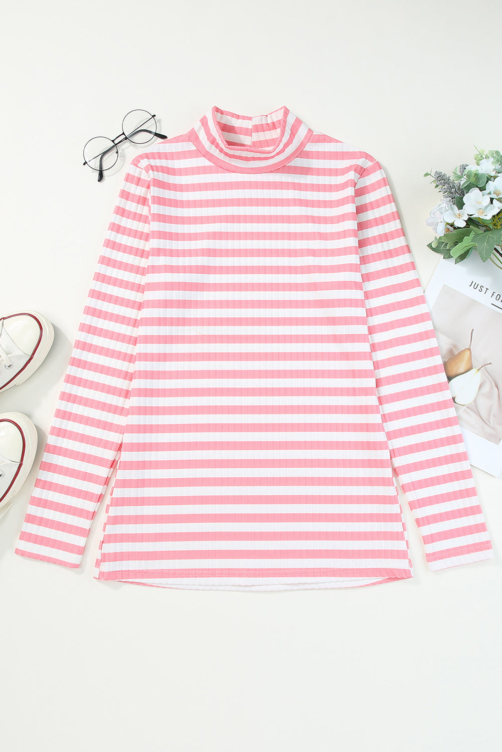 Striped Mock Neck Long Sleeve Top - Classique Collection