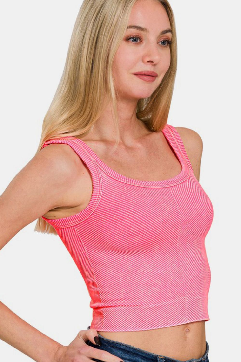 Zenana Washed Ribbed Scoop Neck Wide Strap Tank - Classique Collection