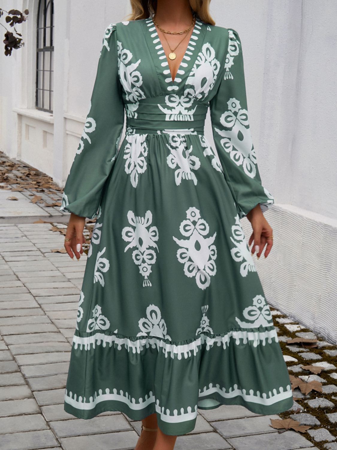 Devine Ruffled Printed Plunge Long Sleeve Dress - Classique Collection