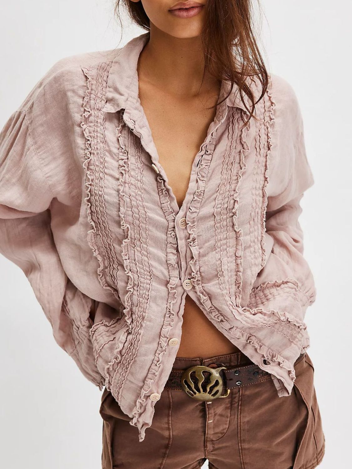Frill Ruched Collared Neck Long Sleeve Shirt - Classique Collection