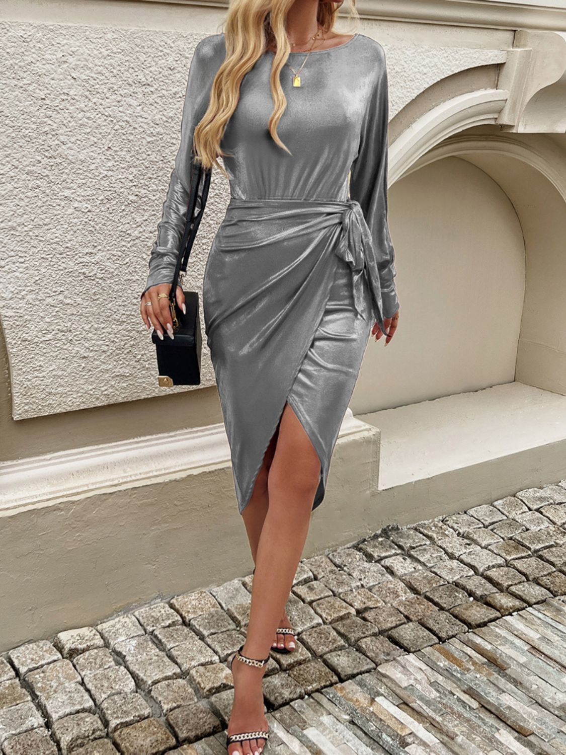Devine Tied Boat Neck Long Sleeve Dress - Classique Collection