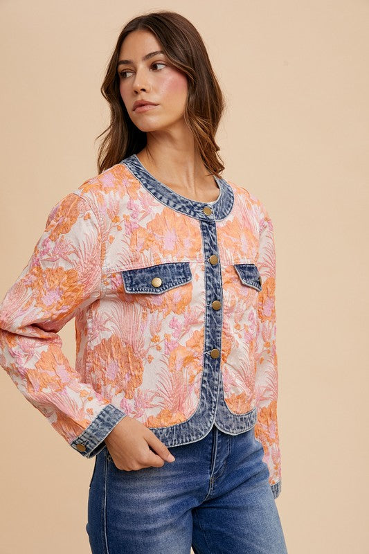 Annie Wear Floral Jacquard Denim Contrast Button Down Jacket - ClassiQ