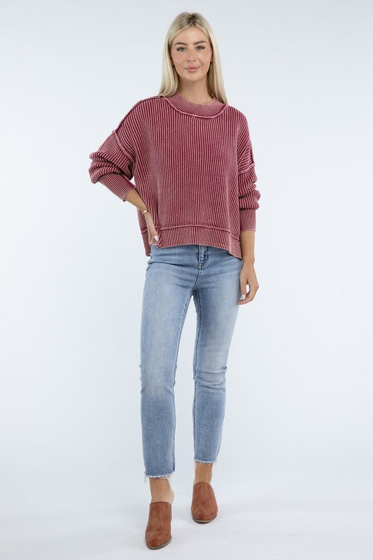 Washed Side Slit Oversized Cropped Sweater - Classique Collection