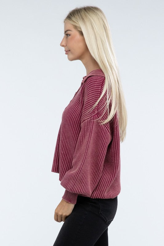 Washed Collared Henley Sweater - Classique Collection
