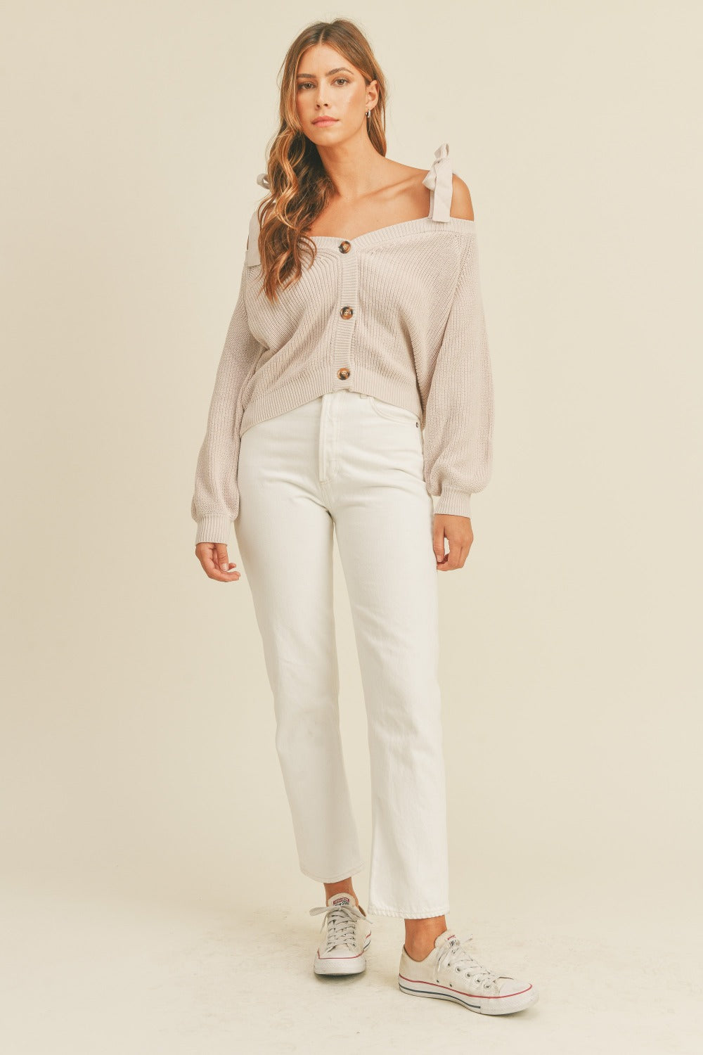 MABLE Off Shoulder Self Tie Strap Button Down Sweater - ClassiQ
