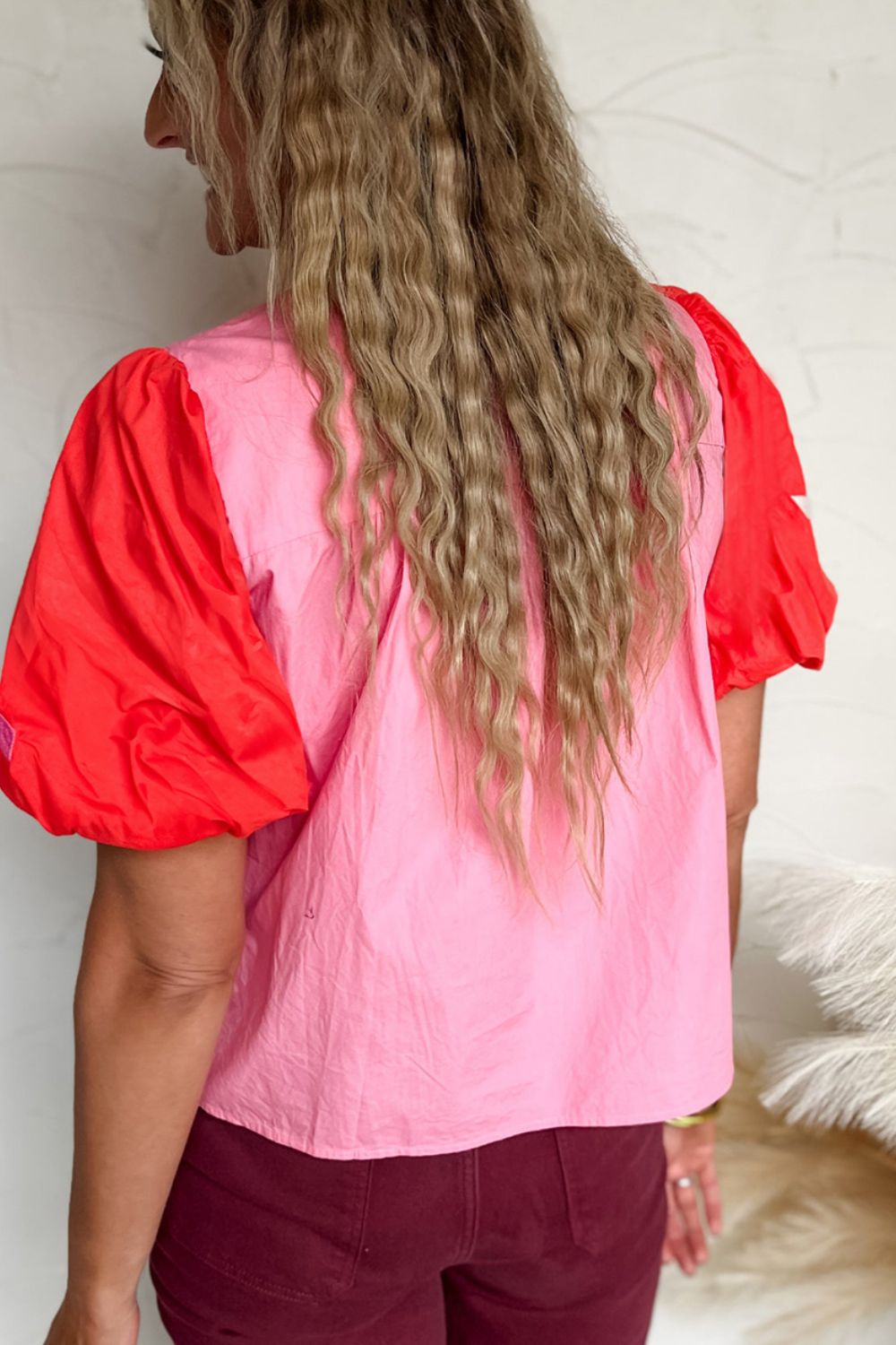 Embroidered Notched Short Sleeve Babydoll Blouse - Classique Collection
