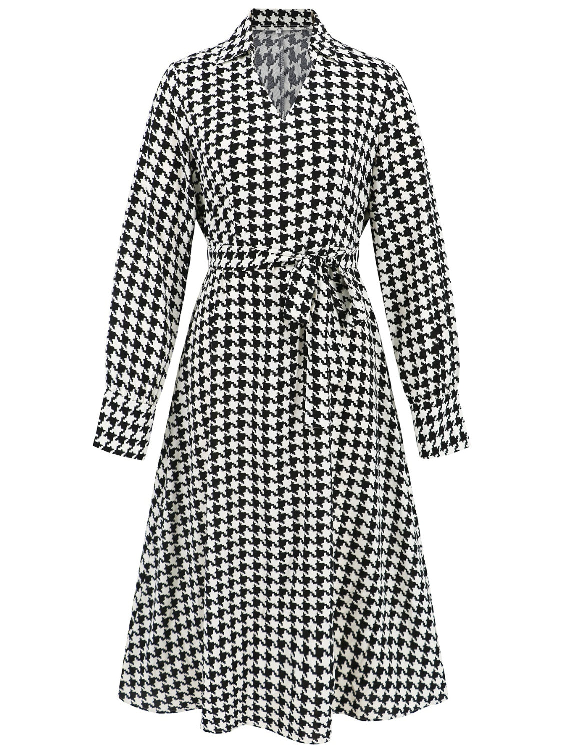 Tied Houndstooth Long Sleeve Midi Dress - Classique Collection