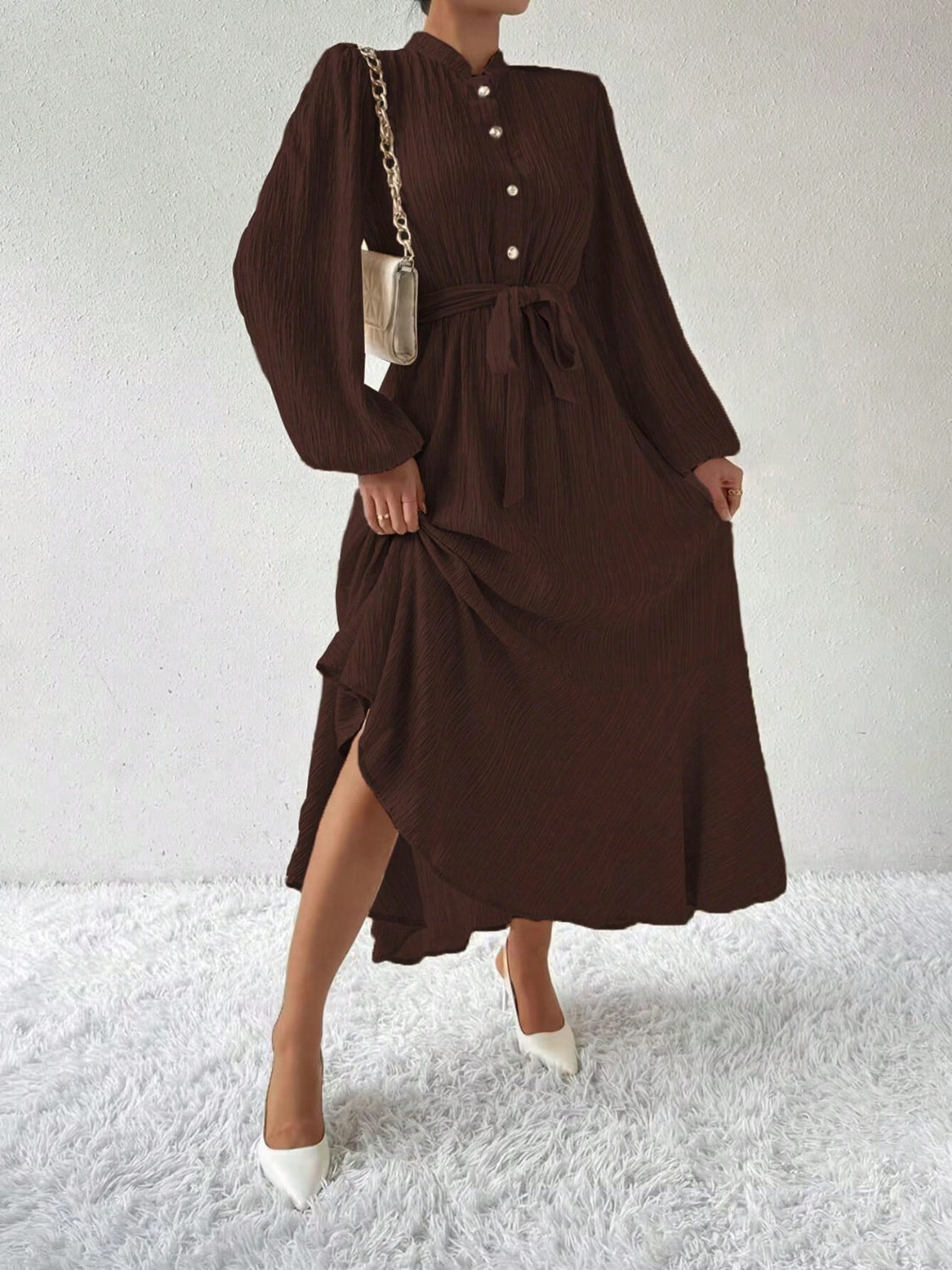 Half Button Tie Waist Long Sleeve Maxi Dress - Classique Collection