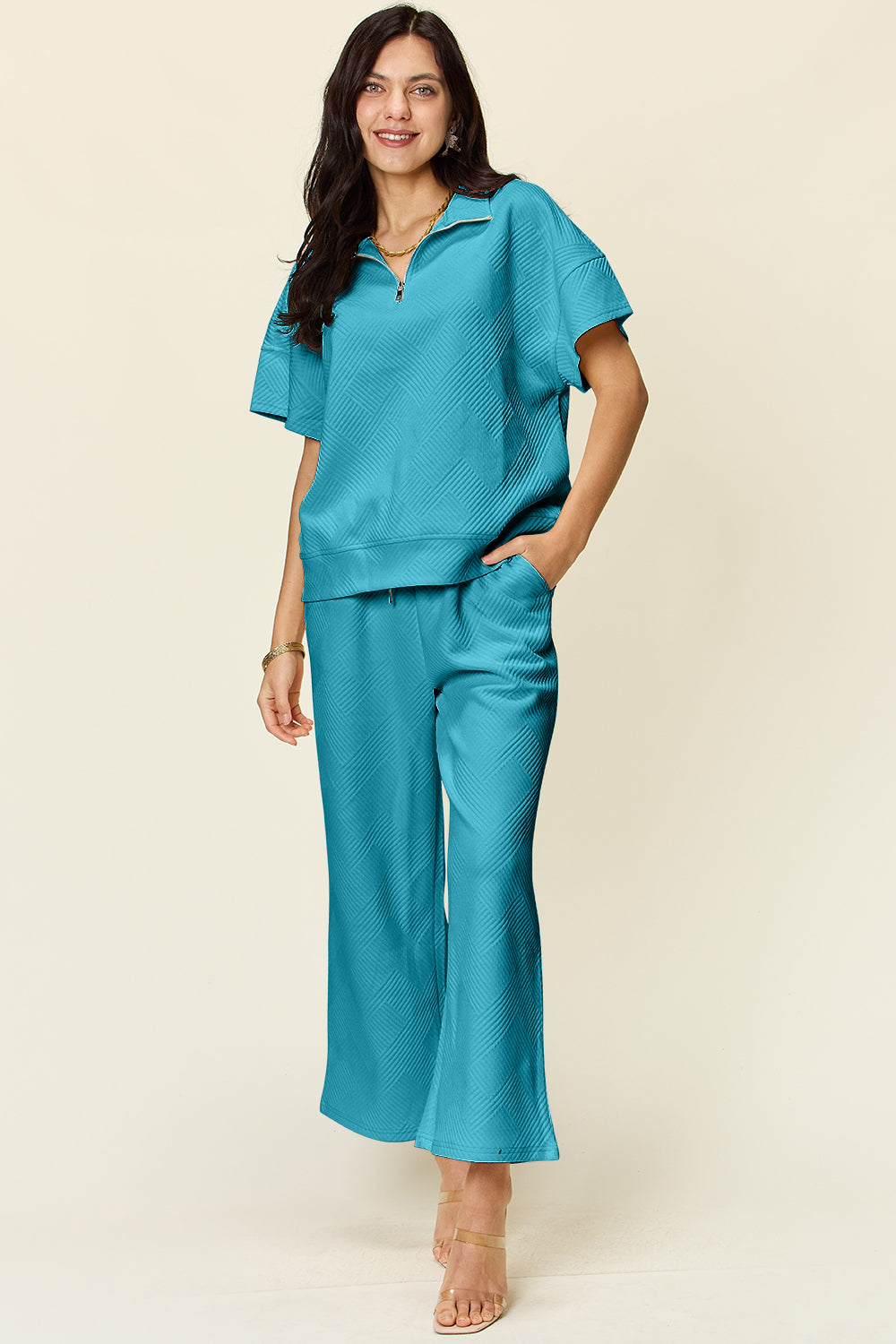 Double Take Full Size Texture Half Zip Short Sleeve Top and Pants Set - ClassiQ